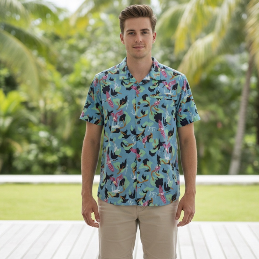PATAGONIA Tropical Pink Bird Short Sleeve Organic Cotton Button Down Top L